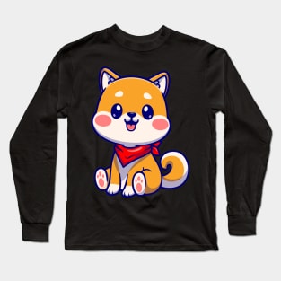 Cute Shiba Inu Dog Sitting With Scarf Cartoon Long Sleeve T-Shirt